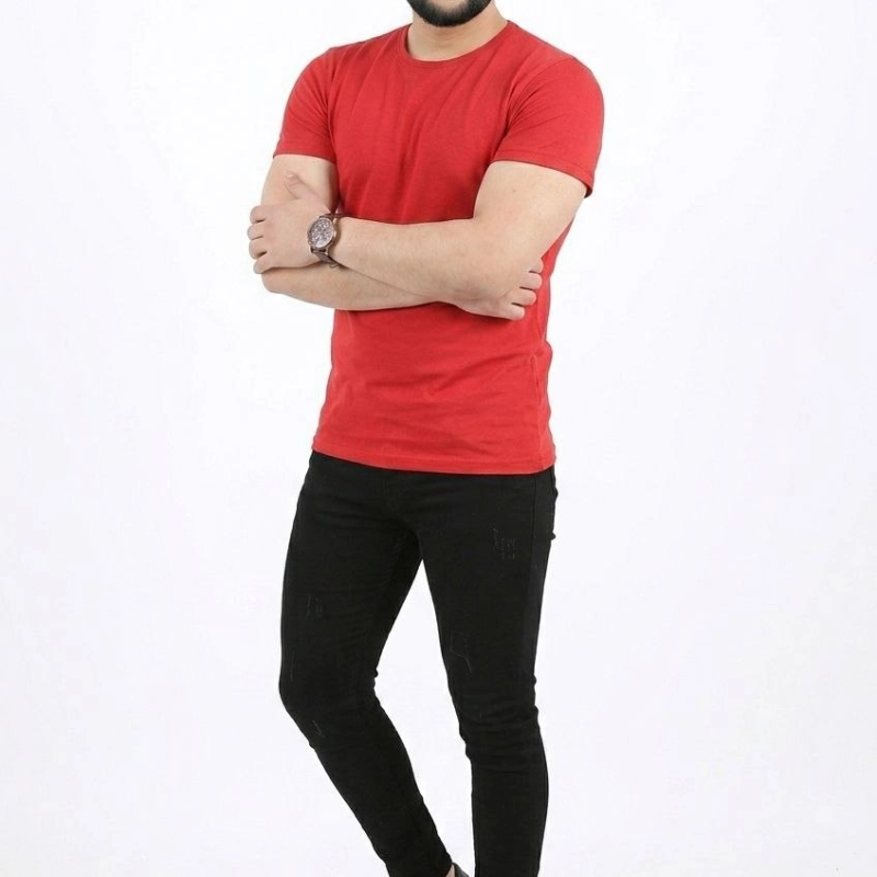 Erkek Basic Tişört Bisiklet Yaka Kısa Kol Günlük Yazlık Slim fit T-Shirt - Kırmızı