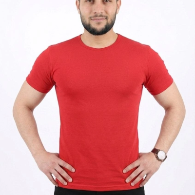 Erkek Basic Tişört Bisiklet Yaka Kısa Kol Günlük Yazlık Slim fit T-Shirt - Kırmızı