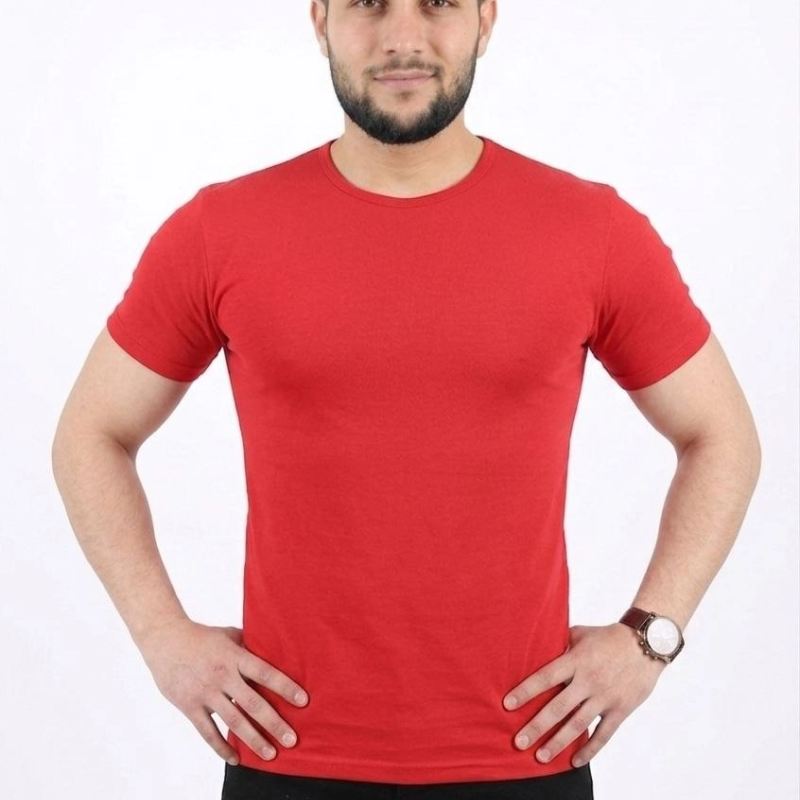 Erkek Basic Tişört Bisiklet Yaka Kısa Kol Günlük Yazlık Slim fit T-Shirt - Kırmızı