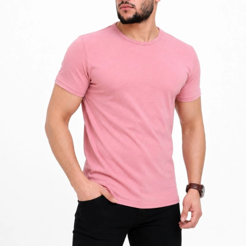Erkek Basic Tişört Bisiklet Yaka Kısa Kol Günlük Yazlık Slim fit T-Shirt - Pembe