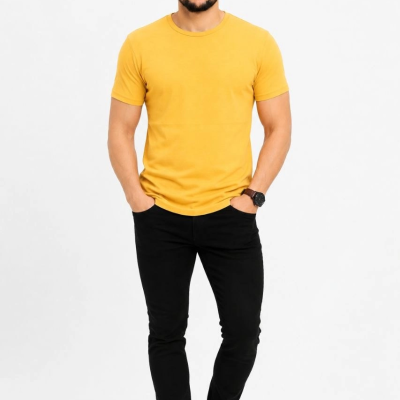 Erkek Basic Tişört Bisiklet Yaka Kısa Kol Günlük Yazlık Slim fit T-Shirt - Sarı
