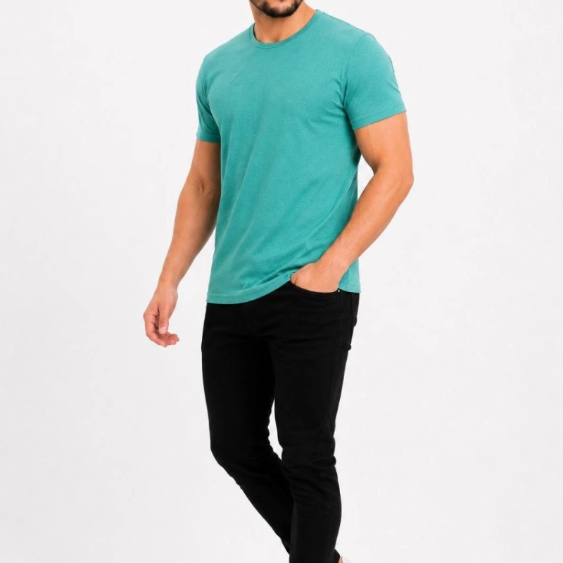 Erkek Basic Tişört Bisiklet Yaka Kısa Kol Günlük Yazlık Slim fit T-Shirt - Su Yeşili