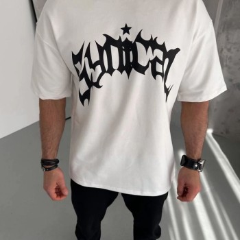 Erkek Baskılı Bisiklet Yaka T-Shirt - Beyaz