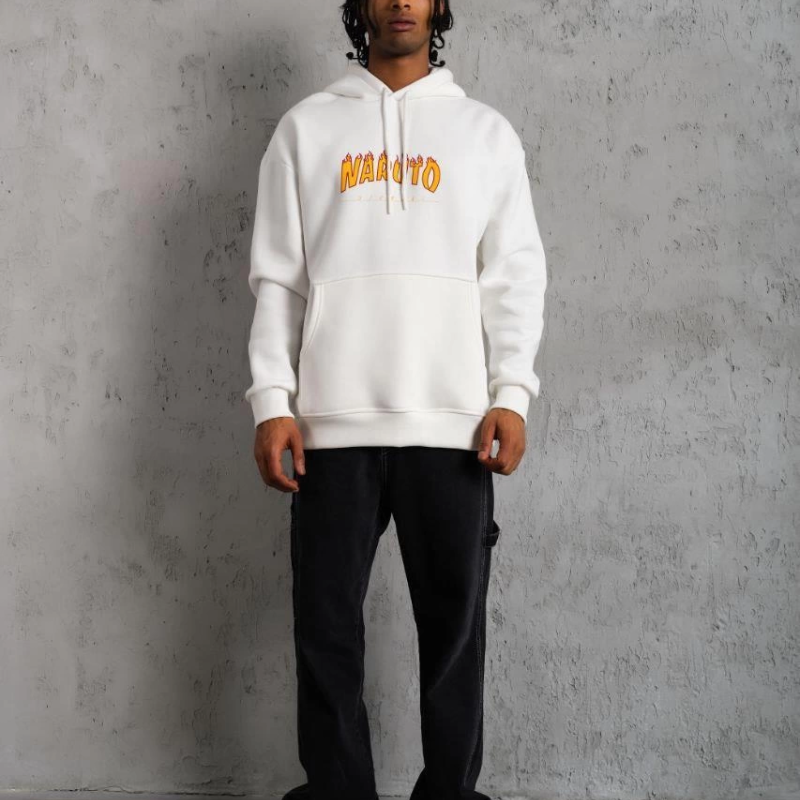 Erkek Baskılı Kapüşonlu 3 iplik pamuklu hoodie Sweatshirt - Beyaz