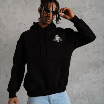 Erkek Baskılı Kapüşonlu 3 iplik pamuklu hoodie Sweatshirt - Siyah