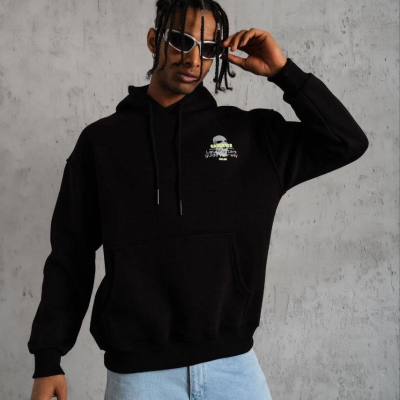 Erkek Baskılı Kapüşonlu 3 iplik pamuklu hoodie Sweatshirt - Siyah
