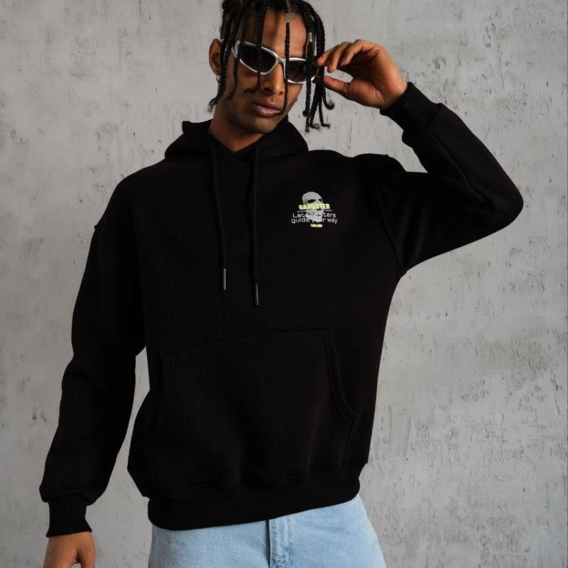 Erkek Baskılı Kapüşonlu 3 iplik pamuklu hoodie Sweatshirt - Siyah