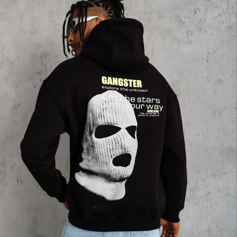 Erkek Baskılı Kapüşonlu 3 iplik pamuklu hoodie Sweatshirt - Siyah