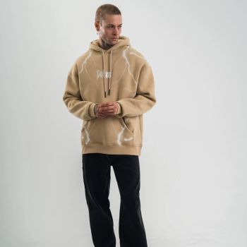 Erkek Baskılı Kapüşonlu Oversize 3 İplik Pamuklu SweatShirt Hoodie - Bej