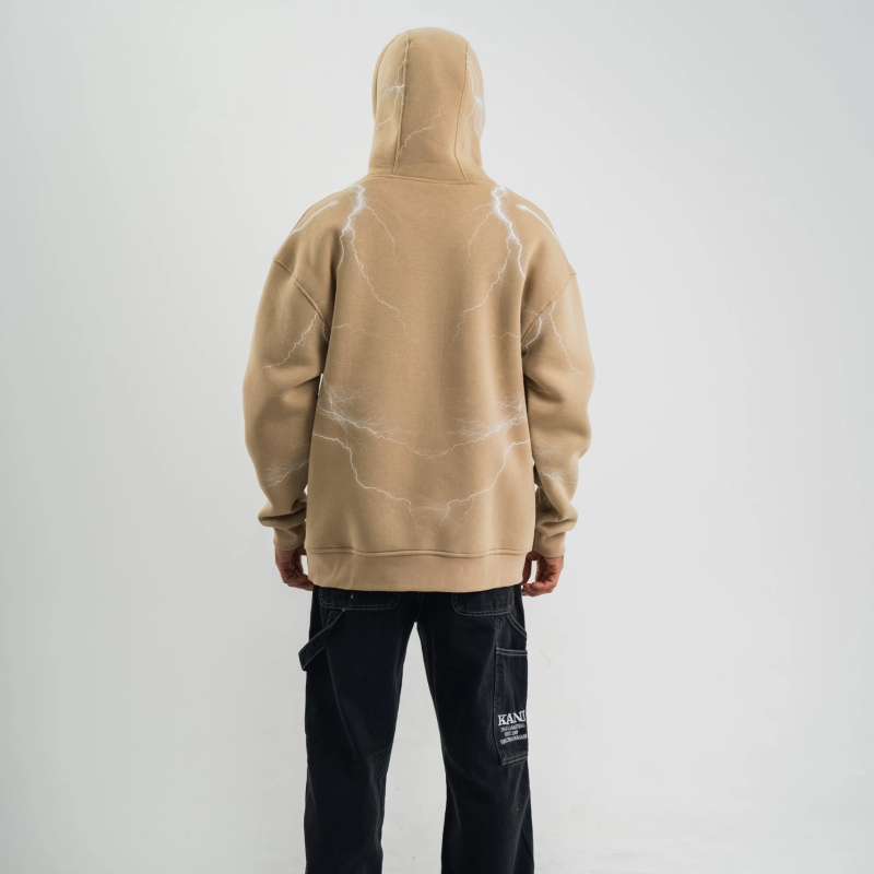 Erkek Baskılı Kapüşonlu Oversize 3 İplik Pamuklu SweatShirt Hoodie - Bej