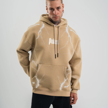Erkek Baskılı Kapüşonlu Oversize 3 İplik Pamuklu SweatShirt Hoodie - Bej