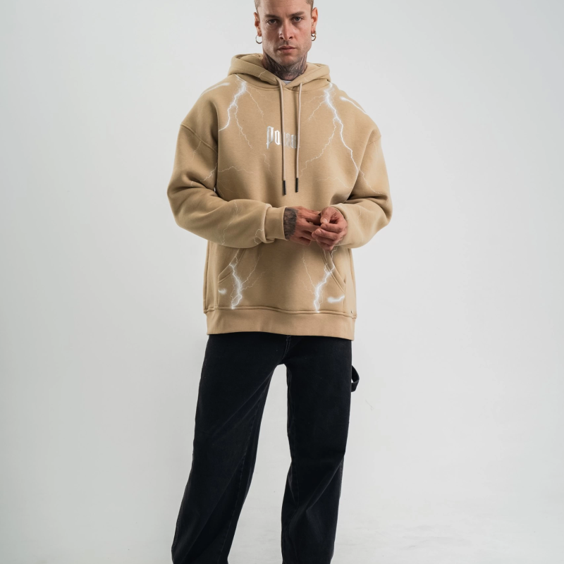 Erkek Baskılı Kapüşonlu Oversize 3 İplik Pamuklu SweatShirt Hoodie - Bej