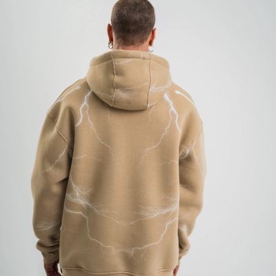 Erkek Baskılı Kapüşonlu Oversize 3 İplik Pamuklu SweatShirt Hoodie - Bej