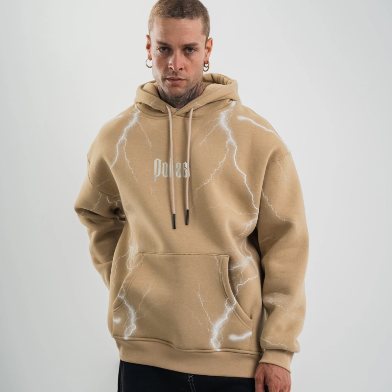 Erkek Baskılı Kapüşonlu Oversize 3 İplik Pamuklu SweatShirt Hoodie - Bej