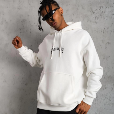 Erkek Baskılı Kapüşonlu ve Kanguru Cepli Sweatshirt hoodie - Beyaz