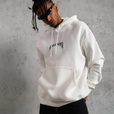 Erkek Baskılı Kapüşonlu ve Kanguru Cepli Sweatshirt hoodie - Beyaz
