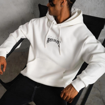 Erkek Baskılı Kapüşonlu ve Kanguru Cepli Sweatshirt hoodie - Beyaz