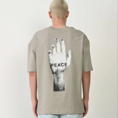 Erkek Baskılı T-Shirt Kısa Kol Bisiklet Yaka Rahat Kalıp Tişört - Boyalı Gri