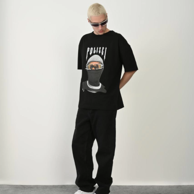 Erkek Baskılı T-Shirt Kısa Kol Bisiklet Yaka Rahat Kalıp Tişört - Siyah