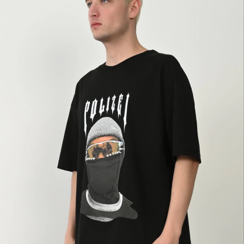 Erkek Baskılı T-Shirt Kısa Kol Bisiklet Yaka Rahat Kalıp Tişört - Siyah