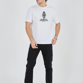 Erkek Baskılı T-Shirt Kısa Kol Bisiklet Yaka Regular Fit Rahat Kalıp Günlük Tişört - Beyaz