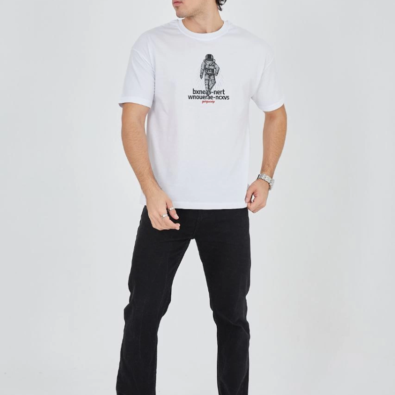 Erkek Baskılı T-Shirt Kısa Kol Bisiklet Yaka Regular Fit Rahat Kalıp Günlük Tişört - Beyaz