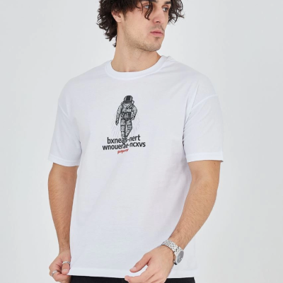 Erkek Baskılı T-Shirt Kısa Kol Bisiklet Yaka Regular Fit Rahat Kalıp Günlük Tişört - Beyaz