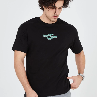 Erkek Baskılı T-Shirt Kısa Kol Bisiklet Yaka Regular Fit Rahat Kalıp Günlük Tişört - Siyah