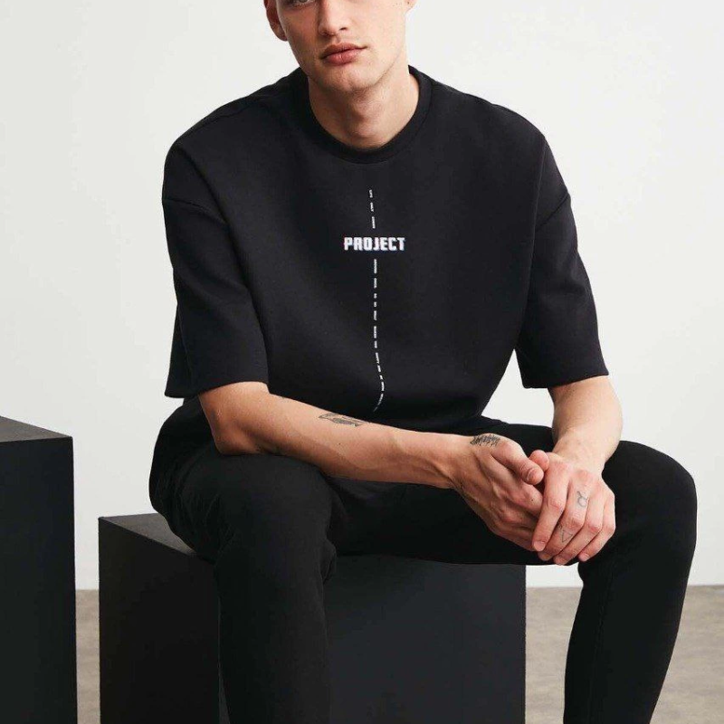 Erkek Baskılı T-Shirt Kısa Kol Bisiklet Yaka Regular Fit Rahat Kalıp Tişört - Siyah