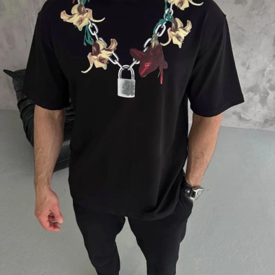 Erkek Baskılı T-Shirt Kısa Kol Bisiklet Yaka Regular Fit Rahat Tişört - Siyah