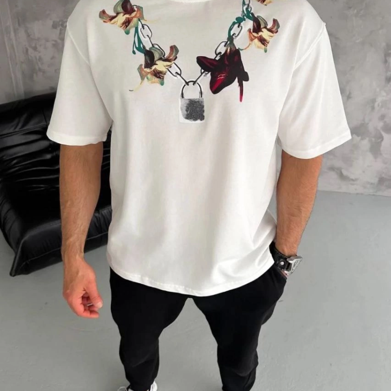 Erkek Baskılı T-Shirt Kısa Kol Bisiklet Yaka Regular Fit Tişört - Beyaz