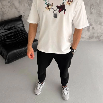 Erkek Baskılı T-Shirt Kısa Kol Bisiklet Yaka Regular Fit Tişört - Beyaz