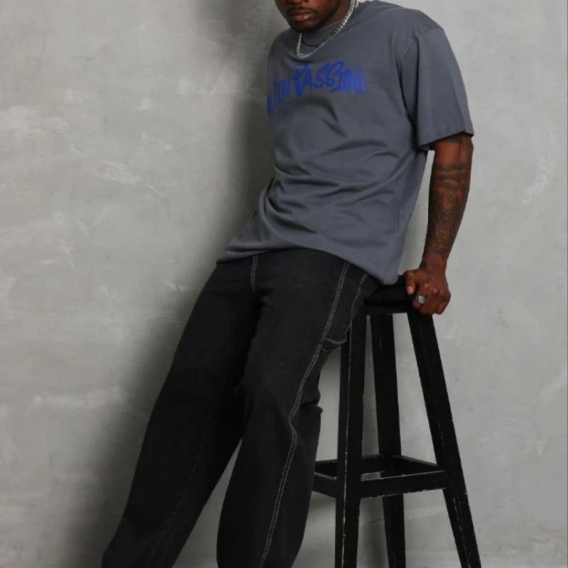 Erkek Baskılı T-Shirt Kısa Kol Bisiklet Yaka Regular Fit Tişört - Füme