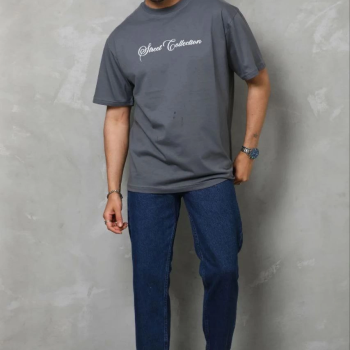 Erkek Baskılı T-Shirt Kısa Kol Bisiklet Yaka Regular Fit Tişört - Füme