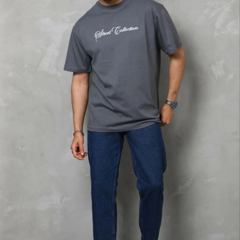 Erkek Baskılı T-Shirt Kısa Kol Bisiklet Yaka Regular Fit Tişört - Füme