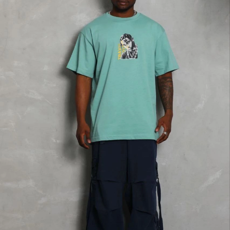 Erkek Baskılı T-Shirt Kısa Kol Bisiklet Yaka Regular Fit Tişört - Mint Yeşili