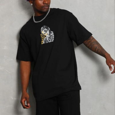 Erkek Baskılı T-Shirt Kısa Kol Bisiklet Yaka Regular Fit Tişört - Siyah