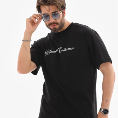 Erkek Baskılı T-Shirt Kısa Kol Bisiklet Yaka Regular Fit Tişört - Siyah