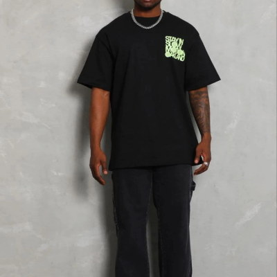 Erkek Baskılı T-Shirt Kısa Kol Bisiklet Yaka Regular Fit Tişört - Siyah