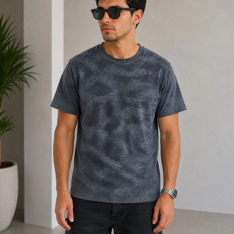 Erkek Batik Desenli Tişört Bisiklet Yaka Kısa Kol Regular Fit T-shirt - Füme