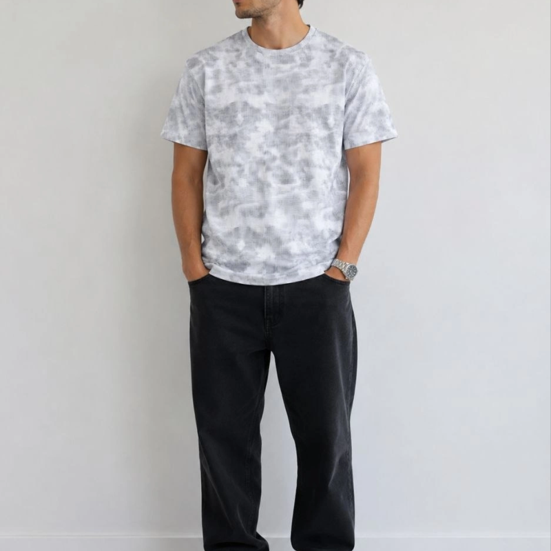 Erkek Batik Desenli Tişört Bisiklet Yaka Kısa Kol Regular Fit T-shirt - Gri