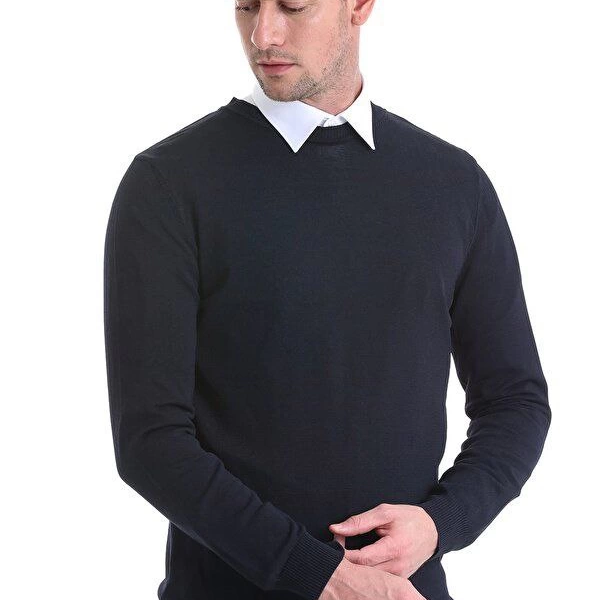 Erkek Bisiklet yaka Kazak Uzun Kol Dokuma Triko - Lacivert