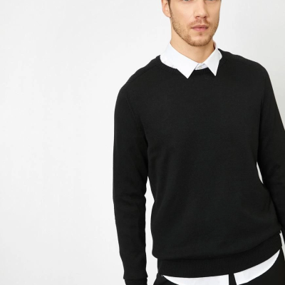 Erkek Bisiklet yaka Kazak Uzun Kol Dokuma Triko - Siyah