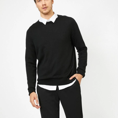 Erkek Bisiklet yaka Kazak Uzun Kol Dokuma Triko - Siyah