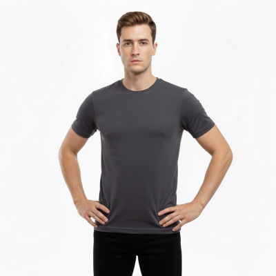 Erkek Bisiklet Yaka Slim Fit dar kesim Likralı Tişört - Füme