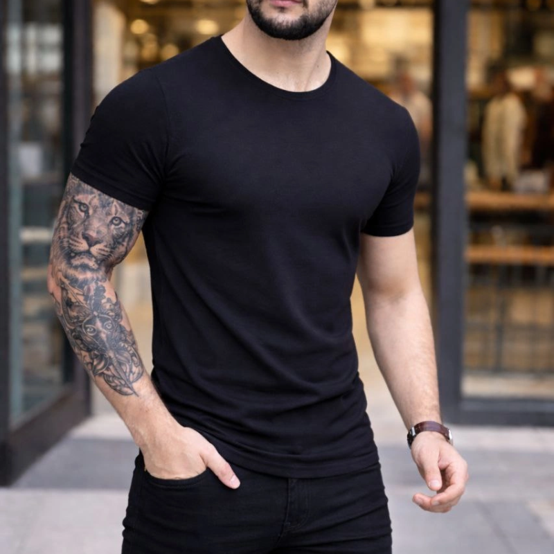 Erkek Bisiklet Yaka Tişört Kısa Kol Slim Fit Body 3'lü Set Siyah-Açık Mavi-Bordo