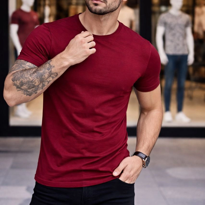 Erkek Bisiklet Yaka Tişört Kısa Kol Slim Fit Body 3'lü Set Siyah-Açık Mavi-Bordo