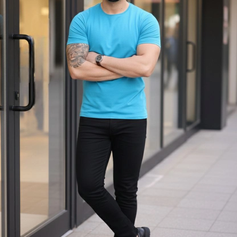 Erkek Bisiklet Yaka Tişört Kısa Kol Slim Fit Body 3'lü Set Siyah-Açık Mavi-Bordo