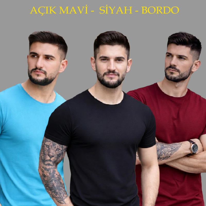 Erkek Bisiklet Yaka Tişört Kısa Kol Slim Fit Body 3'lü Set Siyah-Açık Mavi-Bordo