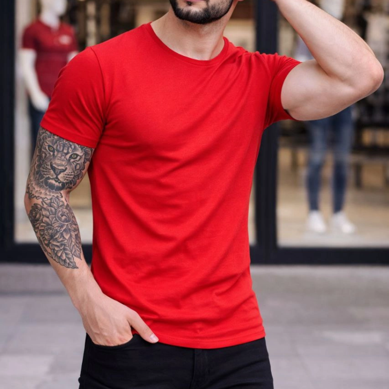 Erkek Bisiklet Yaka Tişört Kısa Kol Slim Fit Body 3'lü Set Siyah-Kırmızı-Açık Mavi